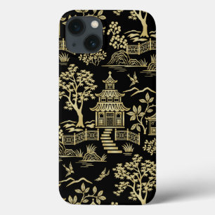 Chinoiserie Pagode coque iphone noir et or