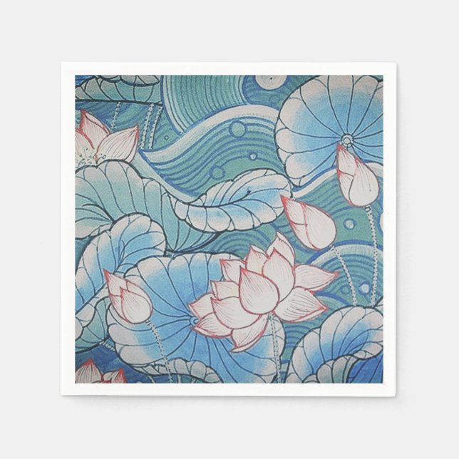 Chinoiserie Pastel Oriental Pink & Blue Floral Napkin (Front)