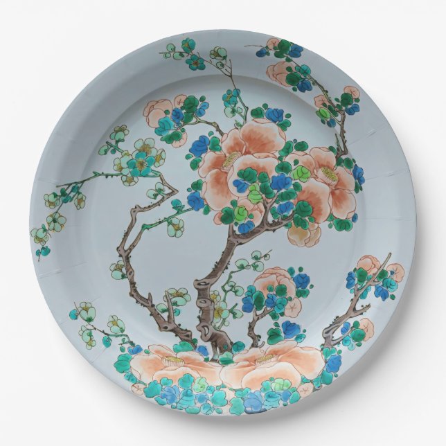 Chinoiserie Peach Blossom Faux China Paper Plate (Front)