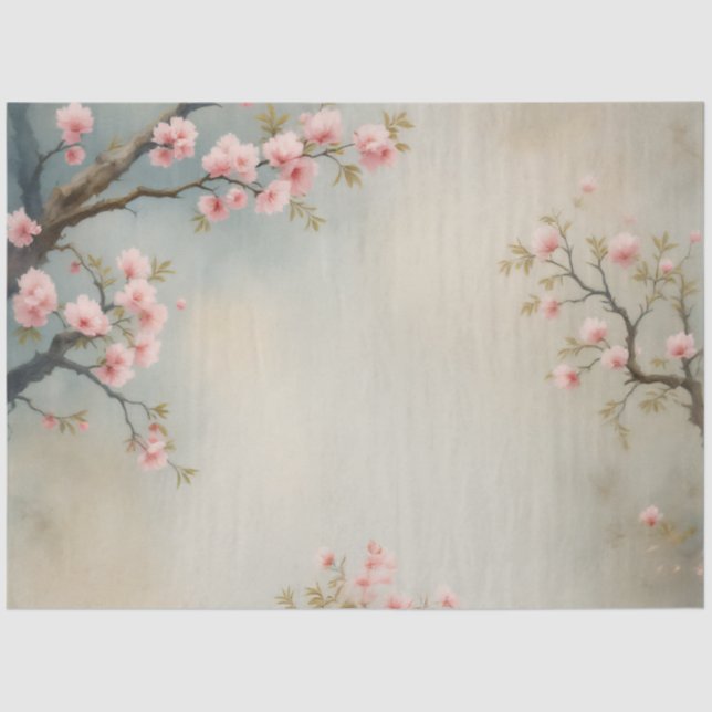 Chinoiserie Peacock Floral Pink Blossom Decoupage Tissue Paper (Front)