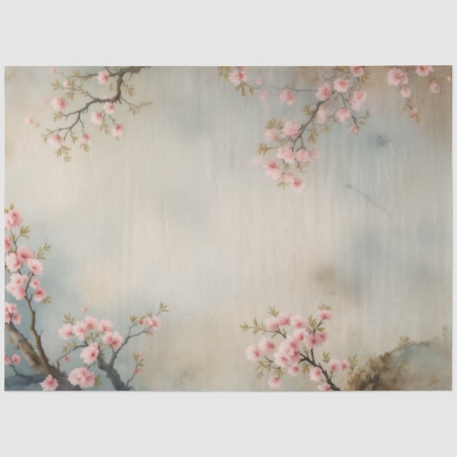 Chinoiserie Peacock Floral Pink Blossom Decoupage Tissue Paper (Front)