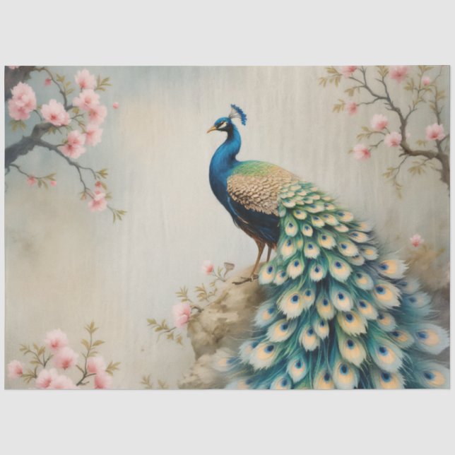 Chinoiserie Peacock Pink Blossom Floral Decoupage Tissue Paper (Front)
