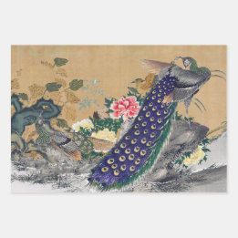 Chinoiserie Peacock with Dusty Rose and Faded Blue Wrapping Paper Sheet