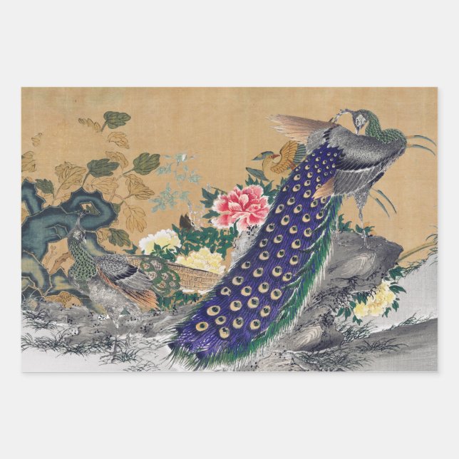 Chinoiserie Peacock with Dusty Rose and Faded Blue Wrapping Paper Sheet (Front)