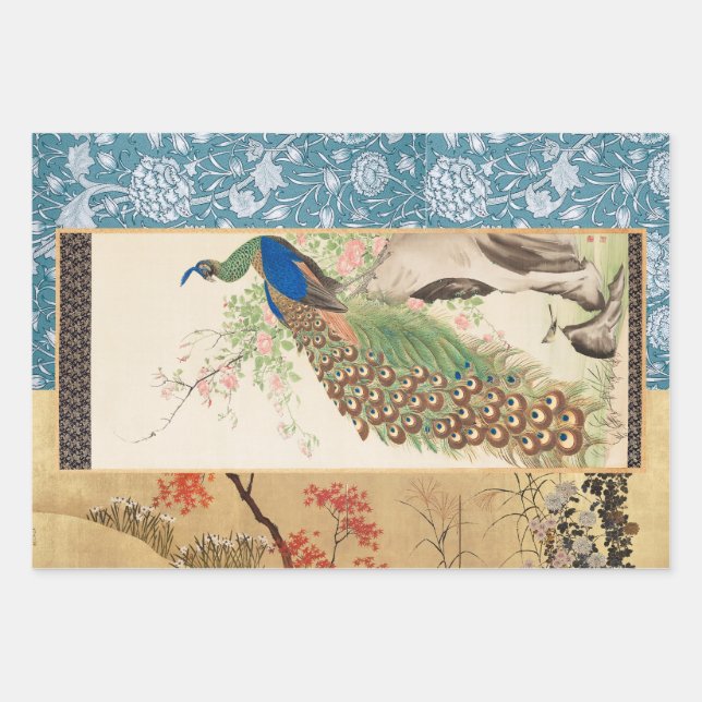 Chinoiserie Peacock with Dusty Rose and Faded Blue Wrapping Paper Sheet (Front 3)