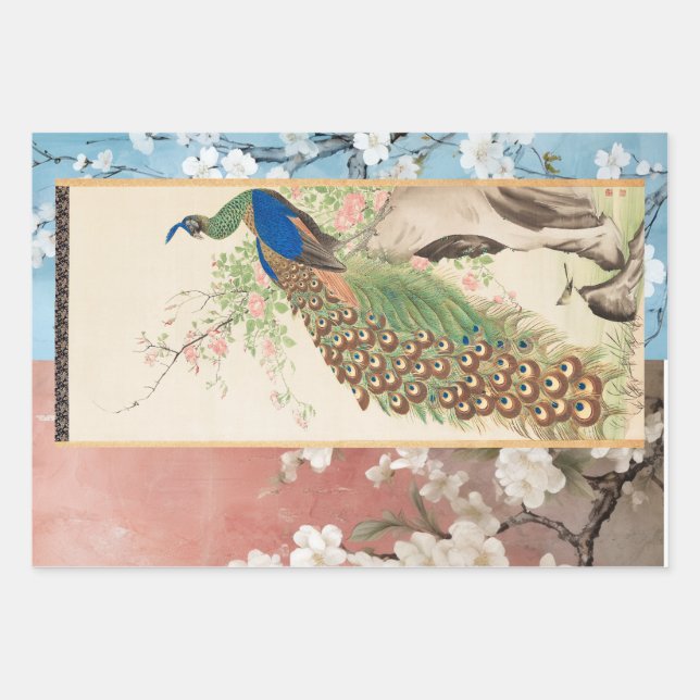Chinoiserie Peacock with Dusty Rose and Faded Blue Wrapping Paper Sheet (Front 3)