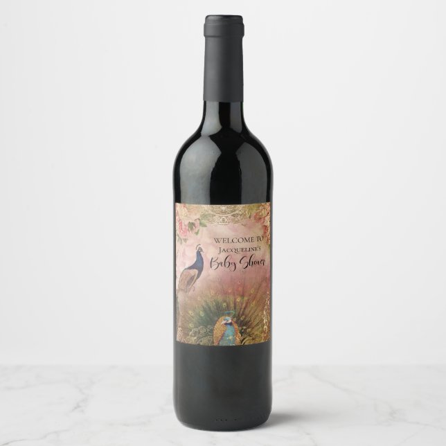  Chinoiserie Peony Floral Peacock Baby Girl Shower Wine Label (Front)