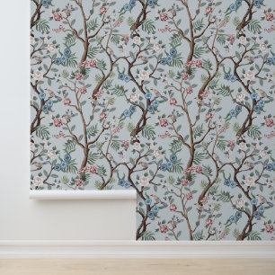 Chinoiserie Peony Flowers,Trees & Birds Light Grey Wallpaper
