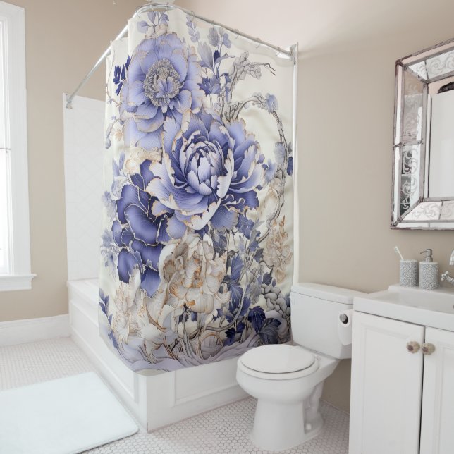 Chinoiserie Peony Painting in Blue and White (In Situ)