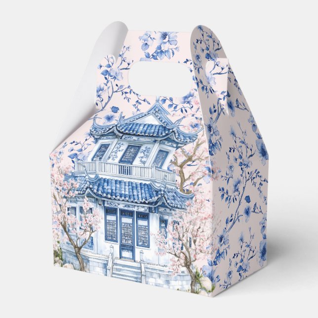 Chinoiserie Pink & Blue Pagoda Bridal Tea Favor Box (Front Side)
