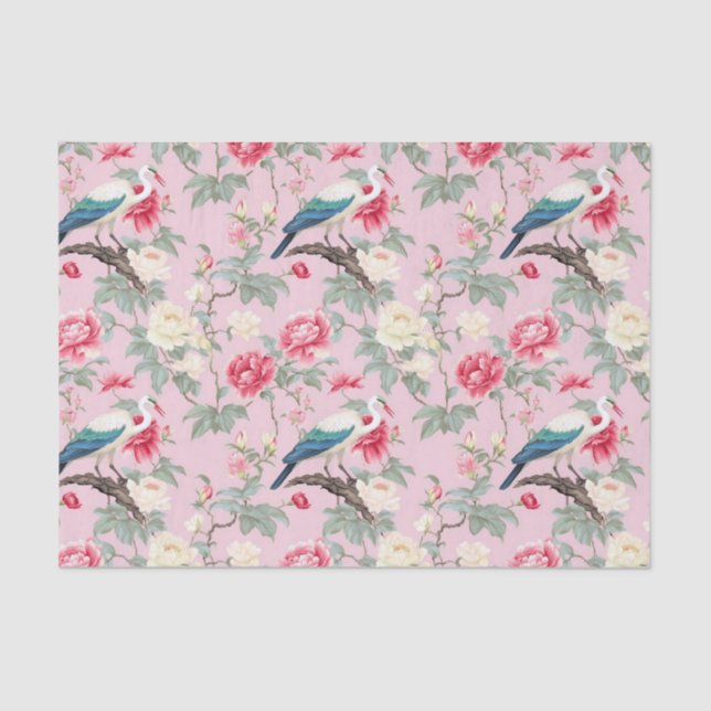 Chinoiserie Pink Floral Egret Tissue Paper (Front)
