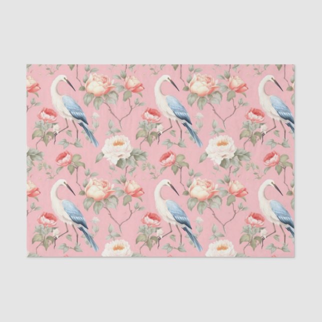 Chinoiserie Pink Floral Egret Tissue Paper (Front)