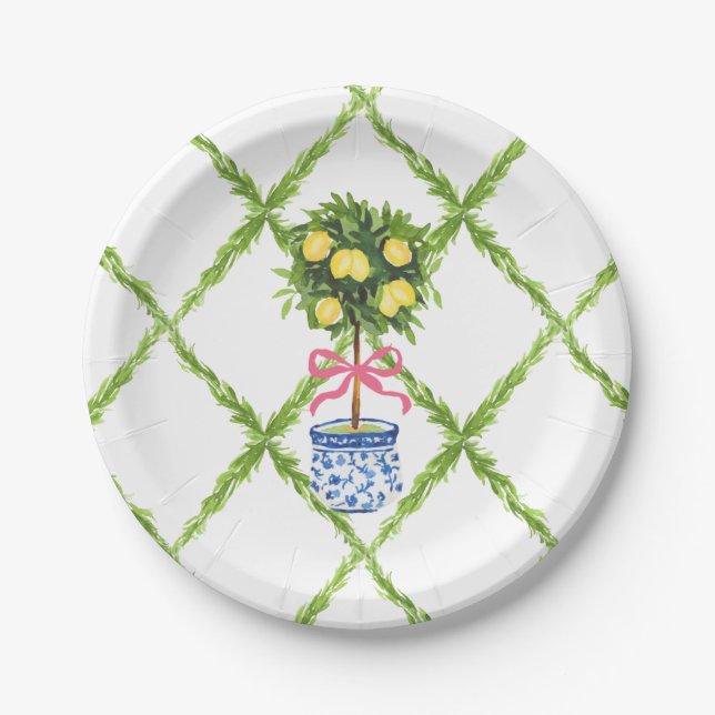 Chinoiserie Pink Ginger Jar Topiary Paper Plates (Front)