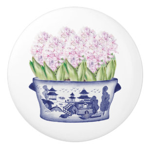 Chinoiserie Pink Hyacinths Ceramic Knob