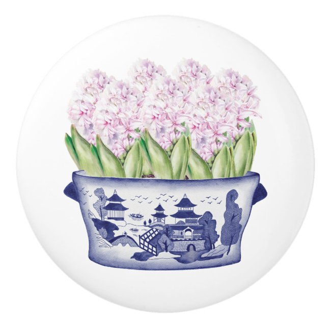 Chinoiserie Pink Hyacinths Ceramic Knob (Front)