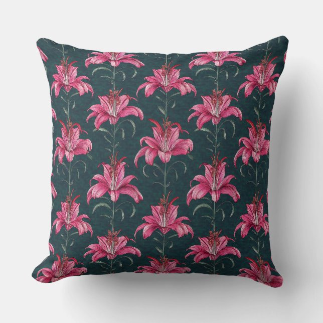 Chinoiserie Pink Lily Motif Pattern Throw Pillow (Front)