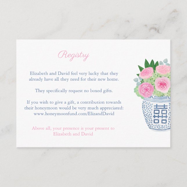 Chinoiserie Pink Roses Ginger Jar Shower Registry Enclosure Card (Front)