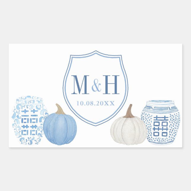 Chinoiserie Pumpkins Blue & White Wedding Logo Sticker (Front)