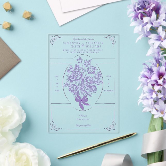 Chinoiserie Purple Roses Bouquet Victorian Wedding Acrylic Invitations (Insitu (Wedding))