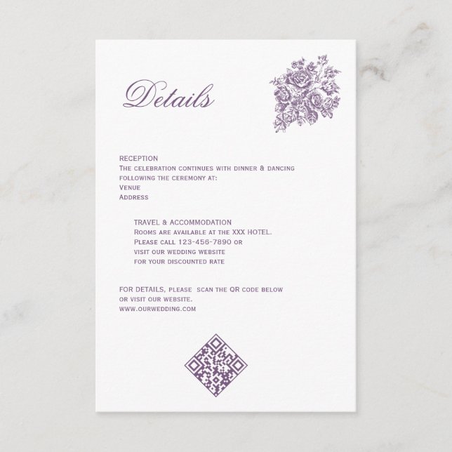 Chinoiserie Purple Roses Bouquet Victorian Wedding Enclosure Card (Front)