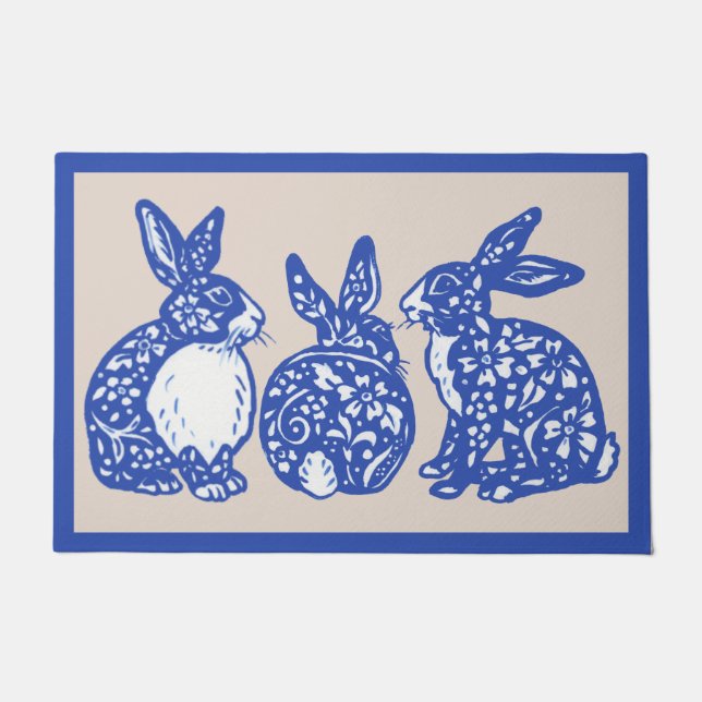 Chinoiserie Rabbit Blue White Bunny Dedham Delft Doormat (Front)