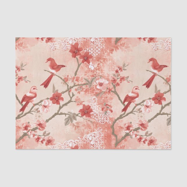 Chinoiserie Red Bird Asian Pink Flowers Decoupage Tissue Paper (Front)