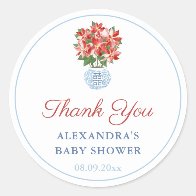 Chinoiserie Red Blue Holidays Bridal Shower Favour Classic Round Sticker (Front)