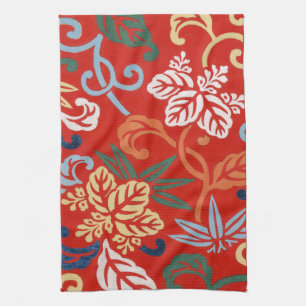 Chinoiserie Red Hawaiian Floral Japanese Kimono Kitchen Towel