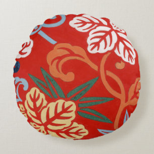 Chinoiserie Red Hawaiian Floral Japanese Kimono Round Pillow