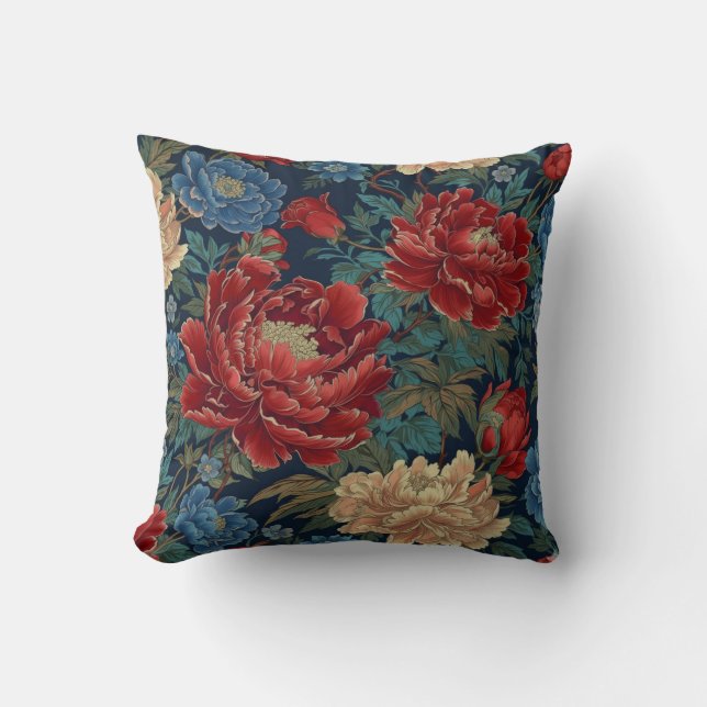 Chinoiserie Red Peony Floral Throw Pillow Covers (Front)
