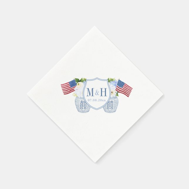 Chinoiserie Red White Blue Monogram Wedding Party Napkin (Corner)