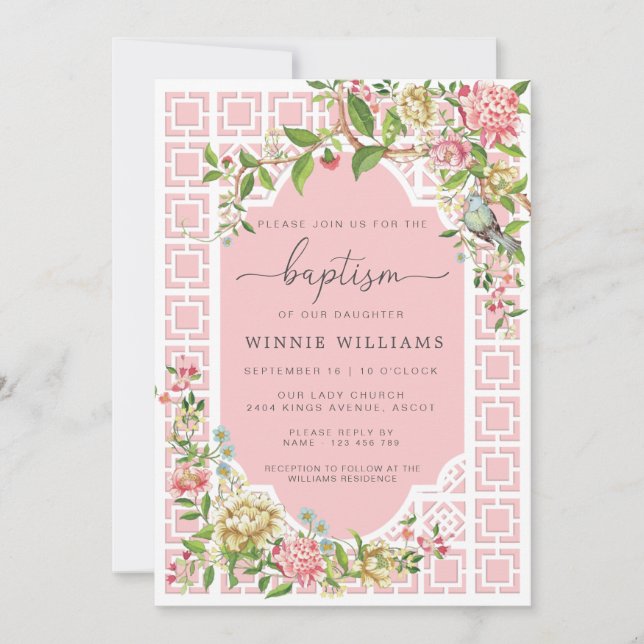 Chinoiserie rose Baptême Floral Trianon Invitation (Devant)