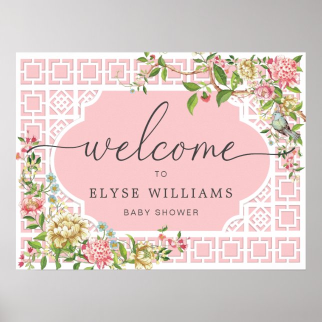 Chinoiserie rose Floral Baby shower Affiche de bie (Devant)