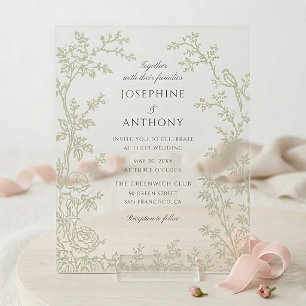 Chinoiserie Sage Green Floral Wedding  Acrylic Invitations
