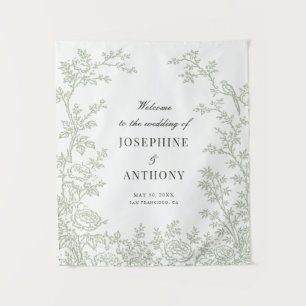 Chinoiserie Sage Green Floral Wedding Welcome Tapestry