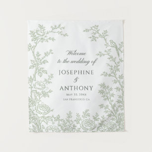 Chinoiserie Sage Green Floral Wedding Welcome Tapestry