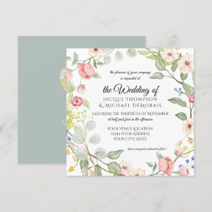 Chinoiserie Silver Sage Watercolor Roses Floral Invitation