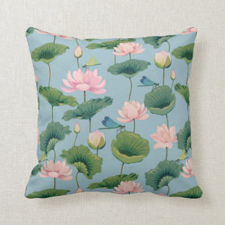 Chinoiserie style lotus and dragonfly throw pillow