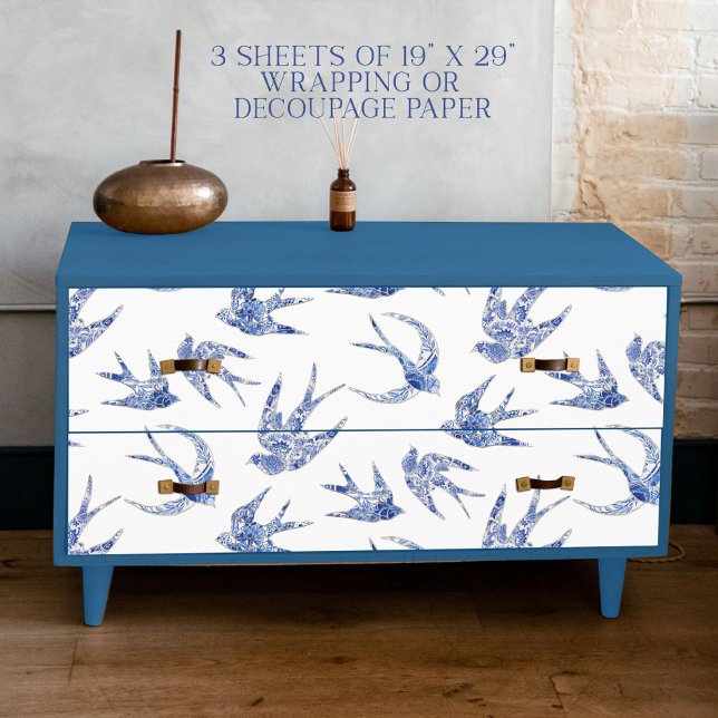 Chinoiserie Swallow Bird Blue and White Decoupage Wrapping Paper Sheet (Creator Uploaded)