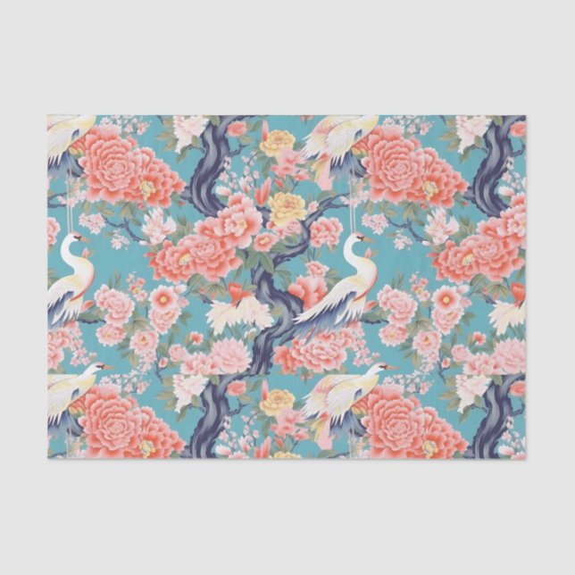 Chinoiserie Teal Floral Egret Tissue Paper (Front)
