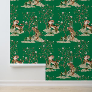 Chinoiserie Tiger, Peonies & Trees Spring Green Wallpaper