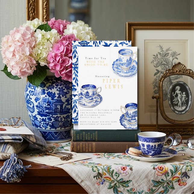 Chinoiserie Time for Tea Bridal Shower Blue  Invitation (Chinoiserie Time for Tea Bridal Shower Blue Invitation)