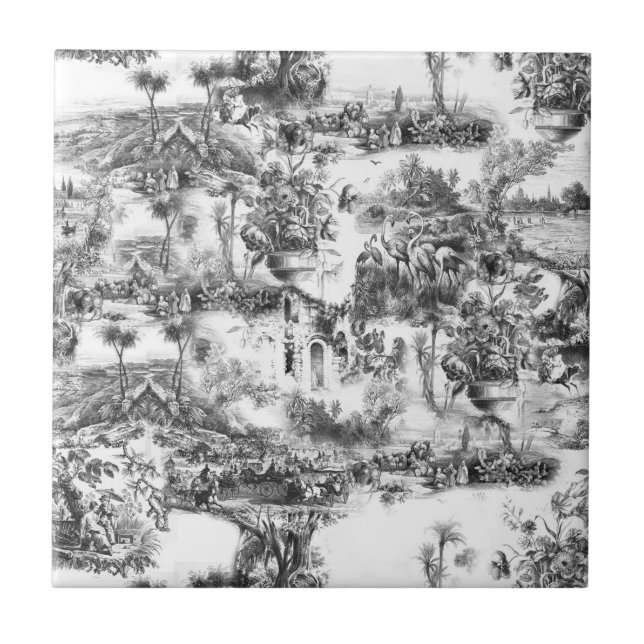 Chinoiserie toile black and white  tile (Front)