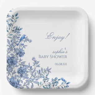Chinoiserie Toile Blue Floral Baby Shower Paper Plate