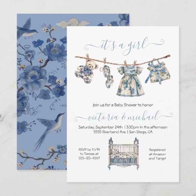 Chinoiserie Toile Clothesline Baby Shower Girl Invitation (Front/Back)