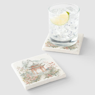 Chinoiserie Toile De Jouy Pagoda Stone Coaster