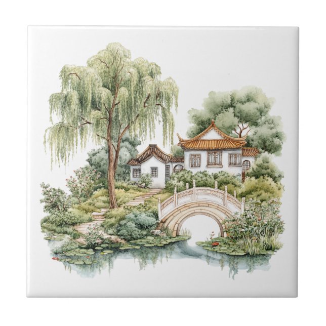 Chinoiserie Toile De Jouy Pagoda  Tile (Front)