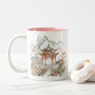 Chinoiserie Toile De Jouy Pagoda Two-Tone Coffee Mug