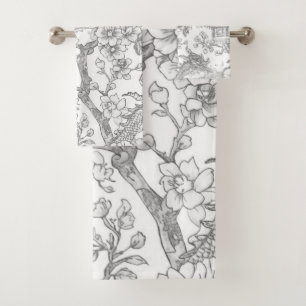 Chinoiserie Toile Dragon Cherry Blossom Ornamental Bath Towel Set