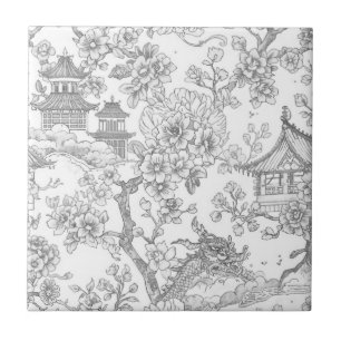 Chinoiserie Toile Dragon Cherry Blossom Ornamental Tile